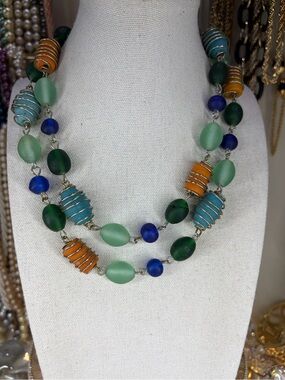 Frosted Sea Glass Necklace Green Blue Wrapped Beads heavy chunky